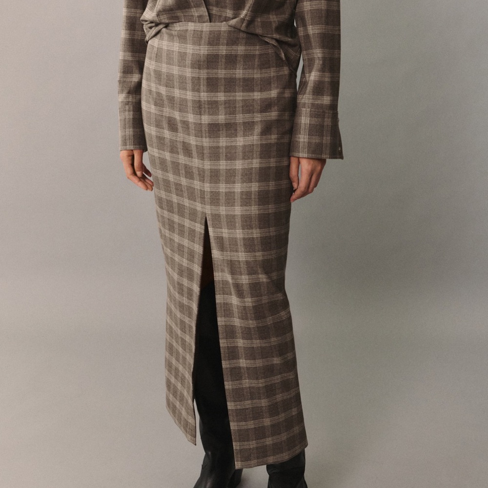 Mango Checkered Brown Pencil Skirt